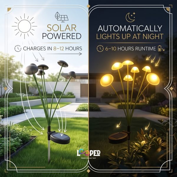 Solar Multicolor Tall Mushroom Garden Lights Set of 2, 6 LED per Light, Stainless Steel Stakes, 600mAh Rechargeable Battery, IP65 Waterproof Fairy Landscape Lights
