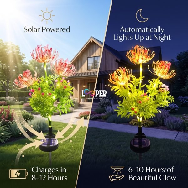 Solar Dandelion Flower Garden Lights Set of 2, 42 LED Firework Lights, ABS & Stainless Steel, 600mAh Rechargeable Battery, IP65 Waterproof Outdoor Landscape Decoration