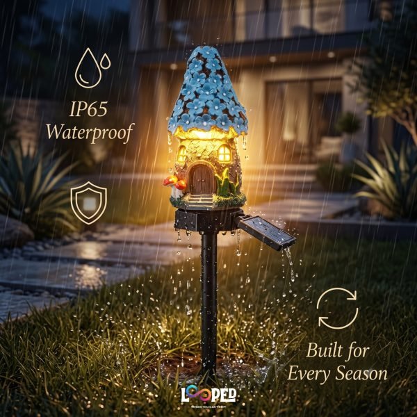 Solar Mushroom Hut Fairy Garden Light Dark Blue, Resin LED Outdoor Decorative Landscape Light, 600mAh Rechargeable Battery, IP65 Waterproof