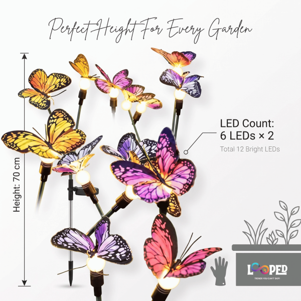 Solar Butterfly Garden Lights Set of 2, 6 LED Decorative Butterfly Lights, Roll Cloth Wings, Stainless Steel Stakes, 600mAh Rechargeable Battery, IP65 Waterproof