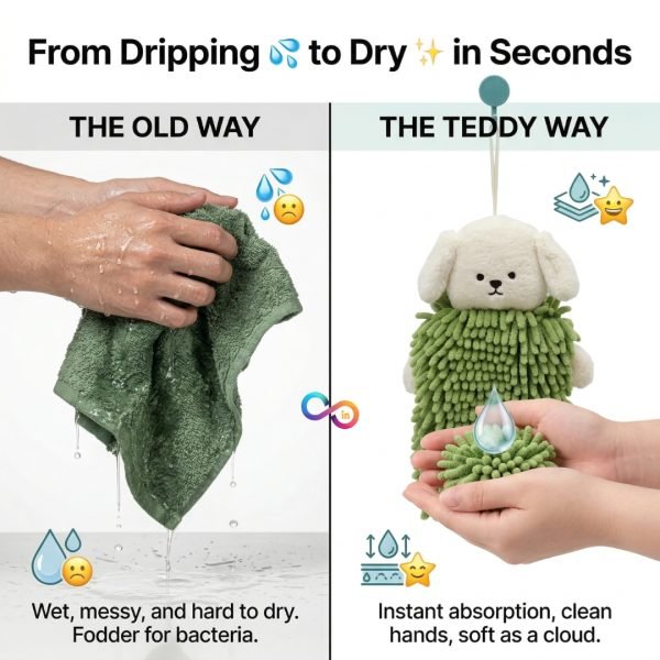 Cute Teddy Bear Hanging Hand Towel, Soft Absorbent Chenille Kitchen Bathroom Towel