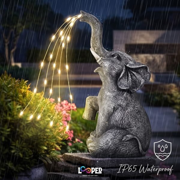 Solar Elephant Garden Statue with Water Spray Light Effect, Resin LED Outdoor Decorative Landscape Light, 600mAh Rechargeable Battery, IP65 Waterproof