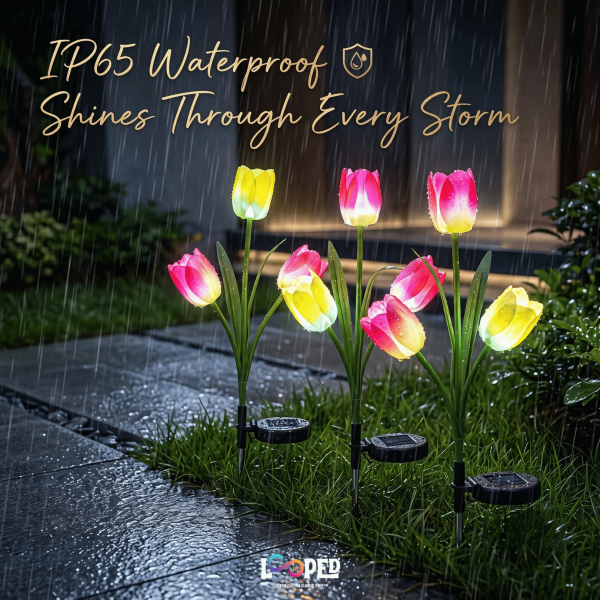Solar Tulip Flower Garden Lights Set of 2, 3 LED per Flower, Roll Cloth Petals, Stainless Steel Stakes, 600mAh Rechargeable Battery, IP65 Waterproof Outdoor Lights