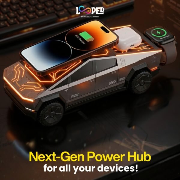 3 in 1 Cybertruck Wireless Charging Station with Fast Wireless Charger, Night Lamp & Phone Stand for iPhone, Samsung & AirPods