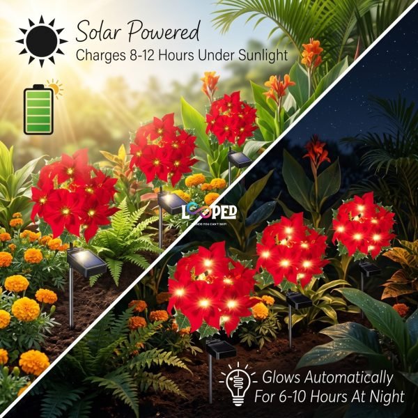 Solar Poinsettia Flower Garden Lights Set of 2 Flowers, 3 LED per Flower, Roll Cloth Petals, Stainless Steel Stakes, 600mAh Rechargeable Battery, IP65 Waterproof Outdoor Decorative Lights