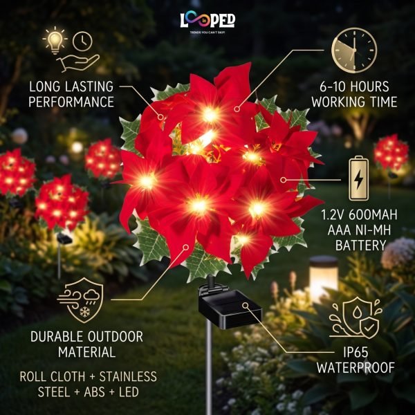 Solar Poinsettia Flower Garden Lights Set of 2 Flowers, 3 LED per Flower, Roll Cloth Petals, Stainless Steel Stakes, 600mAh Rechargeable Battery, IP65 Waterproof Outdoor Decorative Lights