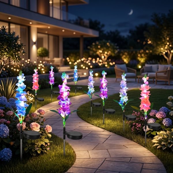 Solar Gladiolus Flower Garden Lights Set of 2, Roll Cloth Petals, Stainless Steel Stakes, LED Outdoor Decorative Lights, 600mAh Rechargeable Battery, IP65 Waterproof
