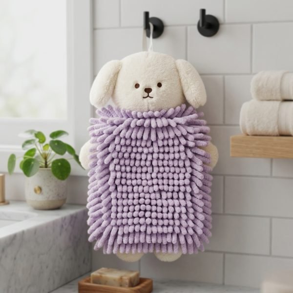 Cute Teddy Bear Hanging Hand Towel, Soft Absorbent Chenille Kitchen Bathroom Towel