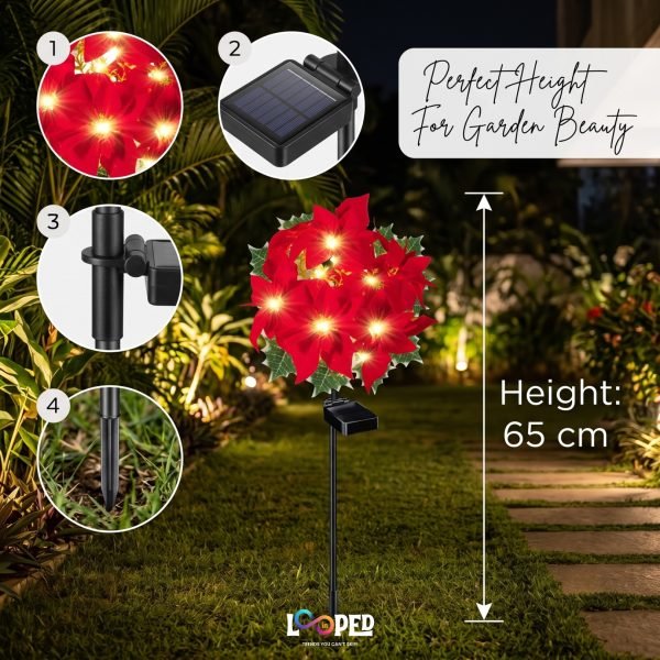 Solar Poinsettia Flower Garden Lights Set of 2 Flowers, 3 LED per Flower, Roll Cloth Petals, Stainless Steel Stakes, 600mAh Rechargeable Battery, IP65 Waterproof Outdoor Decorative Lights