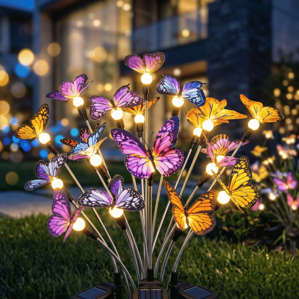 Solar Butterfly Garden Lights Set of 2, 6 LED Decorative Butterfly Lights, Roll Cloth Wings, Stainless Steel Stakes, 600mAh Rechargeable Battery, IP65 Waterproof