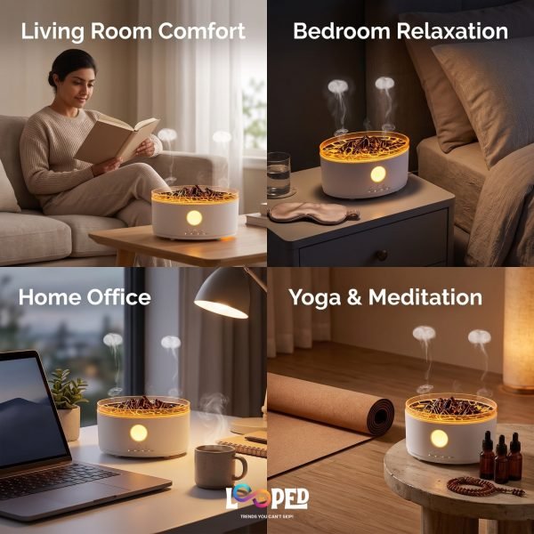 Mountain Volcano Aroma Diffuser with Waterfall Mist, LED Mood Light, Ultrasonic Essential Oil Humidifier for Bedroom, Living Room & Office