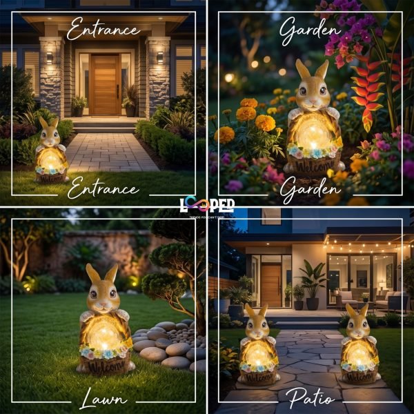 Solar Rabbit Garden Statue with Flower Basket, Resin LED Outdoor Decorative Light, 600mAh Rechargeable Battery, IP65 Waterproof, Automatic Solar Landscape Garden Light