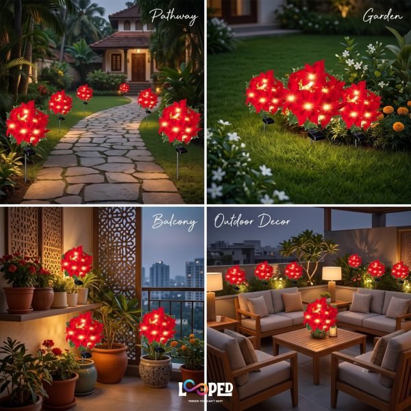 Solar Poinsettia Flower Garden Lights Set of 2 Flowers, 3 LED per Flower, Roll Cloth Petals, Stainless Steel Stakes, 600mAh Rechargeable Battery, IP65 Waterproof Outdoor Decorative Lights