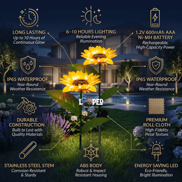 Solar Sunflower Garden Lights Set of 2, Roll Cloth Flower Petals, Stainless Steel Stakes, LED Outdoor Decorative Lights, 600mAh Rechargeable Battery, IP65 Waterproof