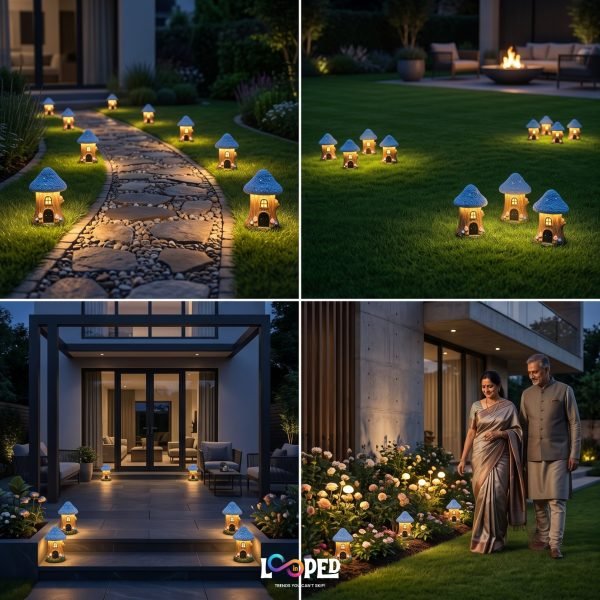 Solar Mushroom Hut Fairy Garden Light Light Blue, Resin LED Outdoor Decorative Landscape Light, 600mAh Rechargeable Battery, IP65 Waterproof