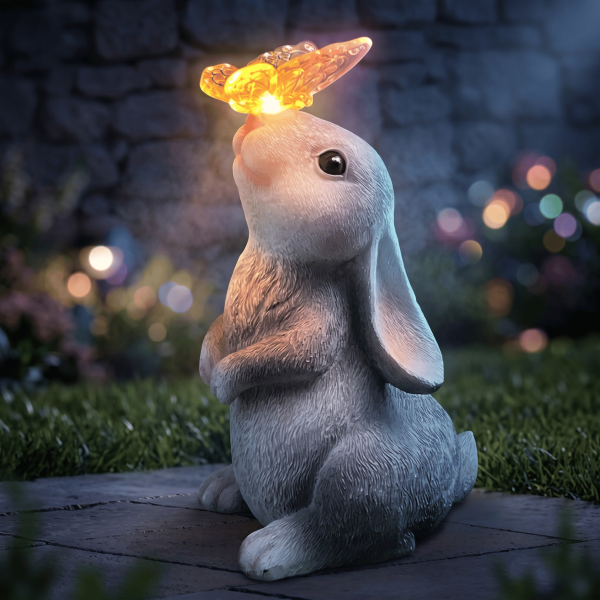 Solar Rabbit with Butterfly Garden Statue, Resin LED Outdoor Decorative Landscape Light, 600mAh Rechargeable Battery, IP65 Waterproof, Automatic Solar Garden Light