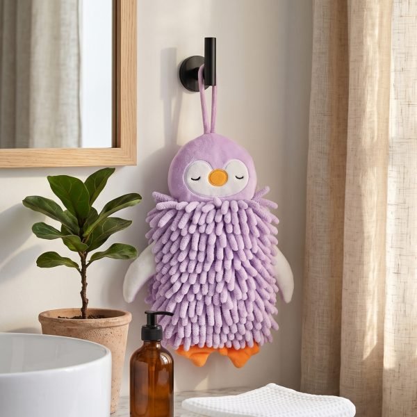 Cute Penguin Chenille Hand Towel, Soft Hanging Hand Dry Towel for Kitchen, Bathroom & Kids Room