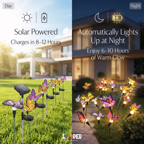 Solar Butterfly Garden Lights Set of 2, 6 LED Decorative Butterfly Lights, Roll Cloth Wings, Stainless Steel Stakes, 600mAh Rechargeable Battery, IP65 Waterproof