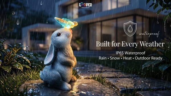 Solar Rabbit with Butterfly Garden Statue, Resin LED Outdoor Decorative Landscape Light, 600mAh Rechargeable Battery, IP65 Waterproof, Automatic Solar Garden Light