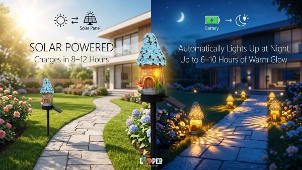 Solar Mushroom Hut Fairy Garden Light Dark Blue, Resin LED Outdoor Decorative Landscape Light, 600mAh Rechargeable Battery, IP65 Waterproof