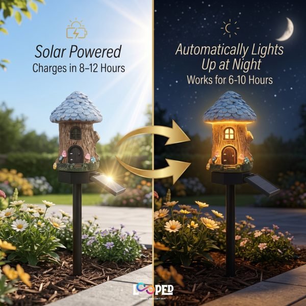 Solar Mushroom Hut Fairy Garden Light Light Blue, Resin LED Outdoor Decorative Landscape Light, 600mAh Rechargeable Battery, IP65 Waterproof