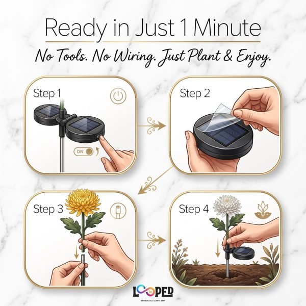 Solar Chrysanthemum Flower Garden Lights Set of 2, Roll Cloth Petals, Stainless Steel Stakes, LED Outdoor Decorative Lights, 600mAh Rechargeable Battery, IP65 Waterproof