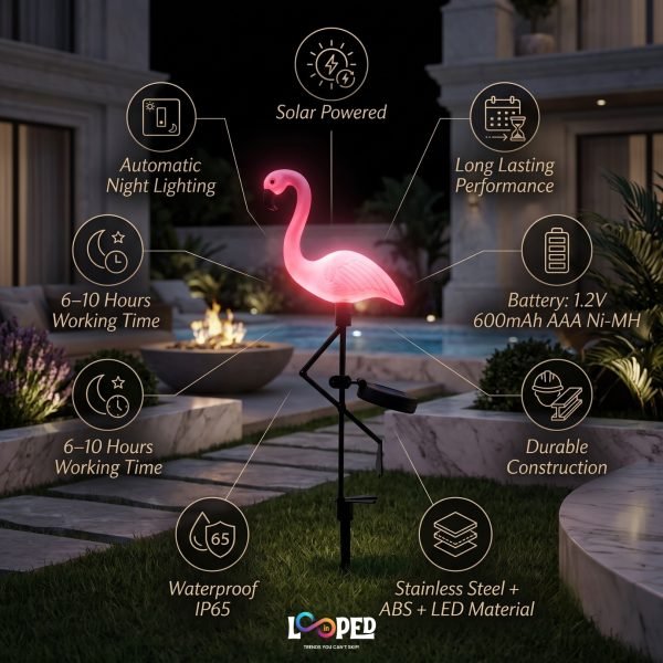 Solar Flamingo Garden Light, Stainless Steel LED Outdoor Landscape Decoration, 600mAh Rechargeable Battery, IP65 Waterproof, Automatic Solar Garden Stake Light