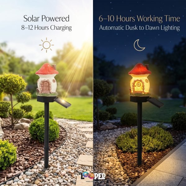Solar Mushroom Hut Fairy Garden Light Red, Resin LED Outdoor Decorative Landscape Light, 600mAh Rechargeable Battery, IP65 Waterproof