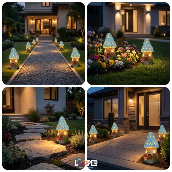 Solar Mushroom Hut Fairy Garden Light Dark Blue, Resin LED Outdoor Decorative Landscape Light, 600mAh Rechargeable Battery, IP65 Waterproof