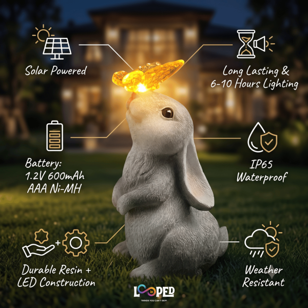 Solar Rabbit with Butterfly Garden Statue, Resin LED Outdoor Decorative Landscape Light, 600mAh Rechargeable Battery, IP65 Waterproof, Automatic Solar Garden Light