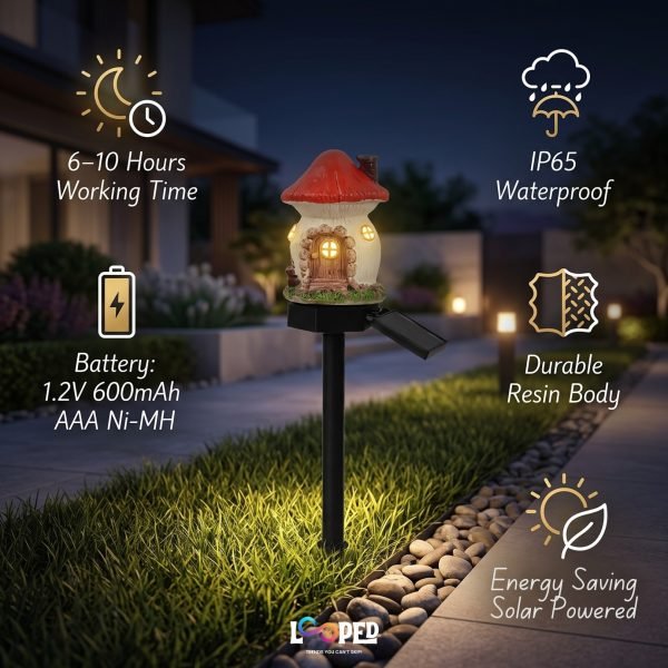 Solar Mushroom Hut Fairy Garden Light Red, Resin LED Outdoor Decorative Landscape Light, 600mAh Rechargeable Battery, IP65 Waterproof