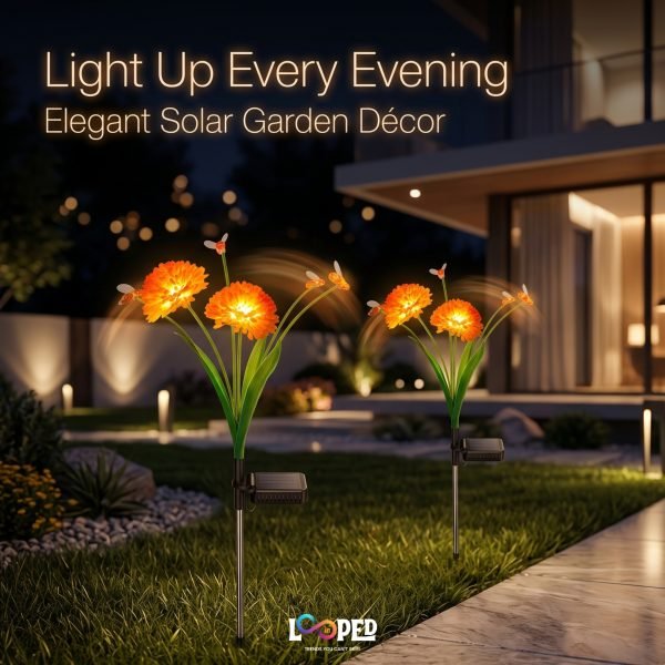 Solar Mrhephaestus Flower Garden Lights Set of 2, 6 LED per Flower, Roll Cloth Petals, Stainless Steel Stakes, 600mAh Rechargeable Battery, IP65 Waterproof Outdoor Decorative Lights