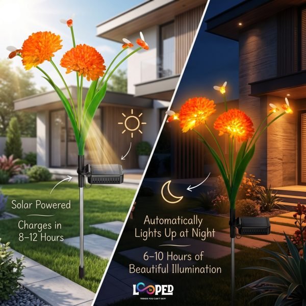 Solar Mrhephaestus Flower Garden Lights Set of 2, 6 LED per Flower, Roll Cloth Petals, Stainless Steel Stakes, 600mAh Rechargeable Battery, IP65 Waterproof Outdoor Decorative Lights