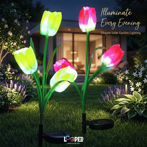 Solar Tulip Flower Garden Lights Set of 2, 3 LED per Flower, Roll Cloth Petals, Stainless Steel Stakes, 600mAh Rechargeable Battery, IP65 Waterproof Outdoor Lights