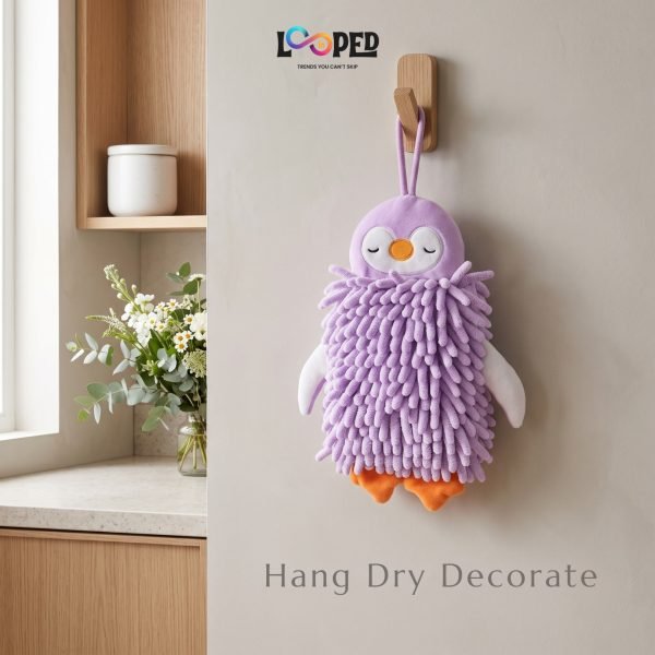 Cute Penguin Chenille Hand Towel, Soft Hanging Hand Dry Towel for Kitchen, Bathroom & Kids Room