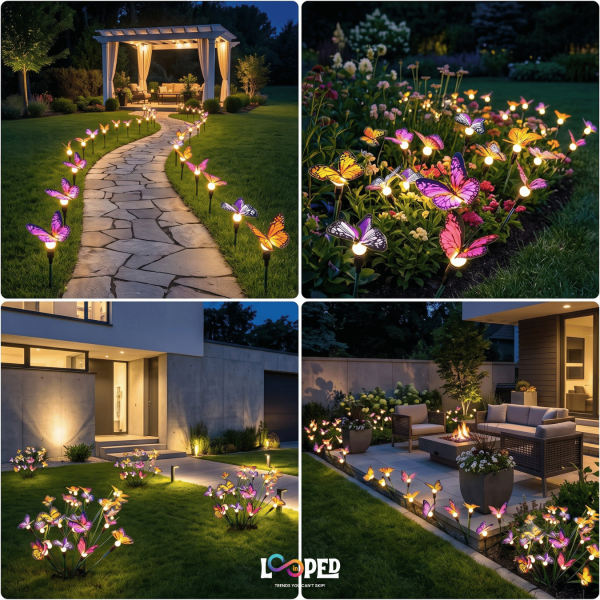 Solar Butterfly Garden Lights Set of 2, 6 LED Decorative Butterfly Lights, Roll Cloth Wings, Stainless Steel Stakes, 600mAh Rechargeable Battery, IP65 Waterproof
