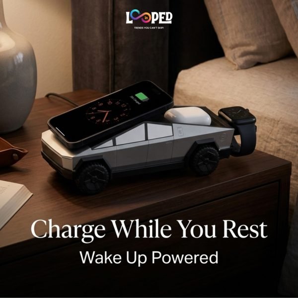 3 in 1 Cybertruck Wireless Charging Station with Fast Wireless Charger, Night Lamp & Phone Stand for iPhone, Samsung & AirPods