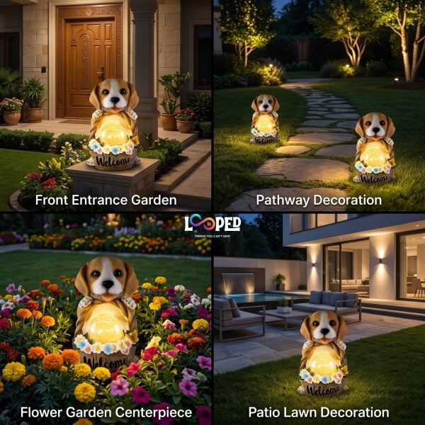 Solar Puppy Garden Statue with Flower Basket, Resin LED Outdoor Decorative Light, 600mAh Rechargeable Battery, IP65 Waterproof, Automatic Solar Garden Landscape Light