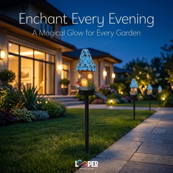 Solar Mushroom Hut Fairy Garden Light Dark Blue, Resin LED Outdoor Decorative Landscape Light, 600mAh Rechargeable Battery, IP65 Waterproof