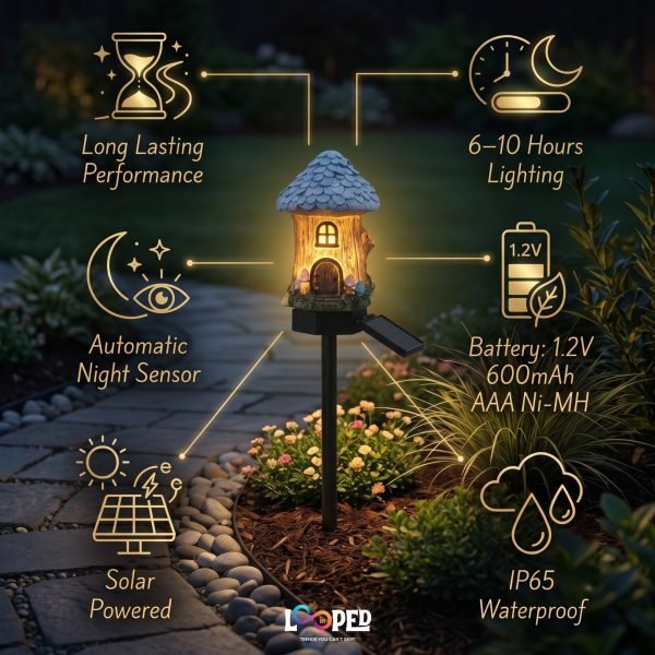 Solar Mushroom Hut Fairy Garden Light Light Blue, Resin LED Outdoor Decorative Landscape Light, 600mAh Rechargeable Battery, IP65 Waterproof