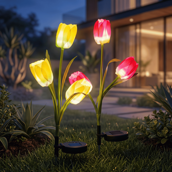 Solar Tulip Flower Garden Lights Set of 2, 3 LED per Flower, Roll Cloth Petals, Stainless Steel Stakes, 600mAh Rechargeable Battery, IP65 Waterproof Outdoor Lights
