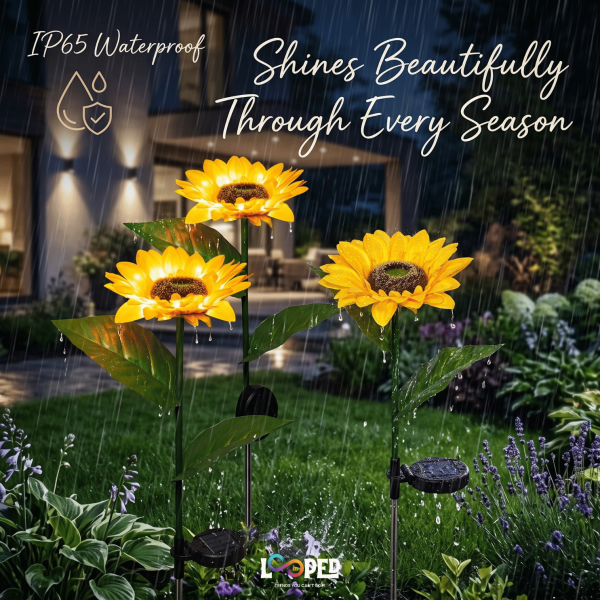 Solar Sunflower Garden Lights Set of 2, Roll Cloth Flower Petals, Stainless Steel Stakes, LED Outdoor Decorative Lights, 600mAh Rechargeable Battery, IP65 Waterproof