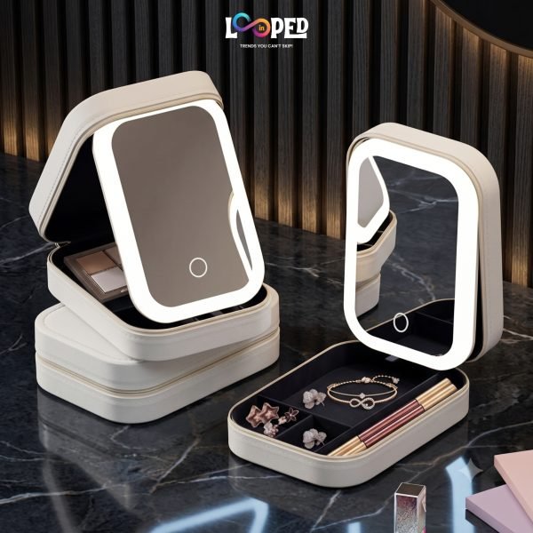 Makeup Organizer Box with LED Mirror, Portable Cosmetic Storage Case, Touch Light Vanity Box