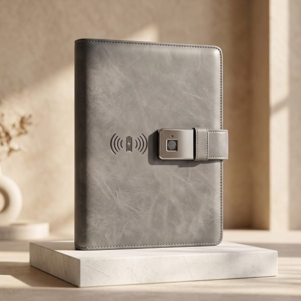 Fingerprint Lock Premium Leather Diary, 8000mAh Power Bank, LED Lamp & Wireless Charging Notebook Organizer