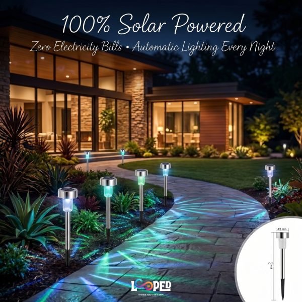 Solar Pathway Multicolor Drop Garden Light, Stainless Steel, LED Landscape Light, 600mAh Rechargeable Battery, IP65 Waterproof, Automatic Dusk to Dawn Outdoor Pathway Light