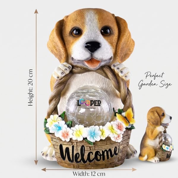 Solar Puppy Garden Statue with Flower Basket, Resin LED Outdoor Decorative Light, 600mAh Rechargeable Battery, IP65 Waterproof, Automatic Solar Garden Landscape Light
