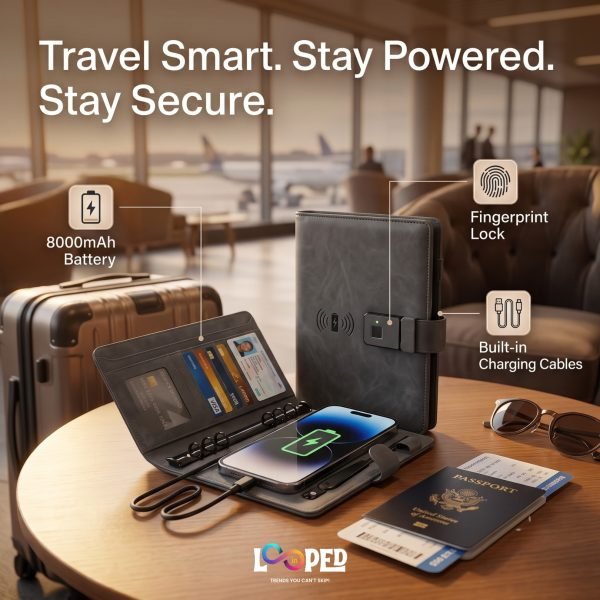 Fingerprint Lock Premium Leather Diary, 8000mAh Power Bank, LED Lamp & Wireless Charging Notebook Organizer