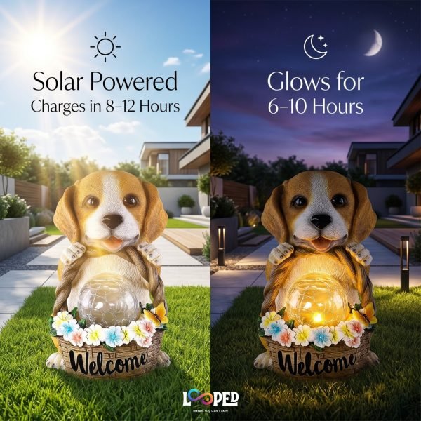 Solar Puppy Garden Statue with Flower Basket, Resin LED Outdoor Decorative Light, 600mAh Rechargeable Battery, IP65 Waterproof, Automatic Solar Garden Landscape Light