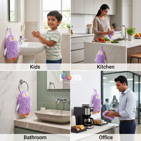 Cute Penguin Chenille Hand Towel, Soft Hanging Hand Dry Towel for Kitchen, Bathroom & Kids Room