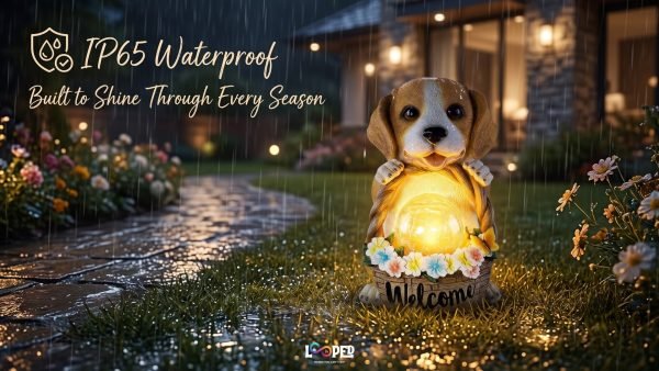 Solar Puppy Garden Statue with Flower Basket, Resin LED Outdoor Decorative Light, 600mAh Rechargeable Battery, IP65 Waterproof, Automatic Solar Garden Landscape Light